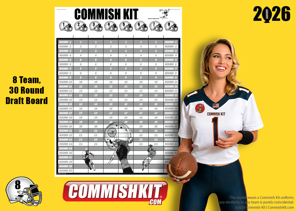 8 Team 30 Round Draft Board w/ 387 Labels, 33 Blanks, Marker & 2-Sided Tape, FREE SHIPPING