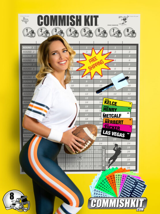 Blonde model showcasing a white top with navy pants football uniform in front of fantasy football draft board with top NFL players.