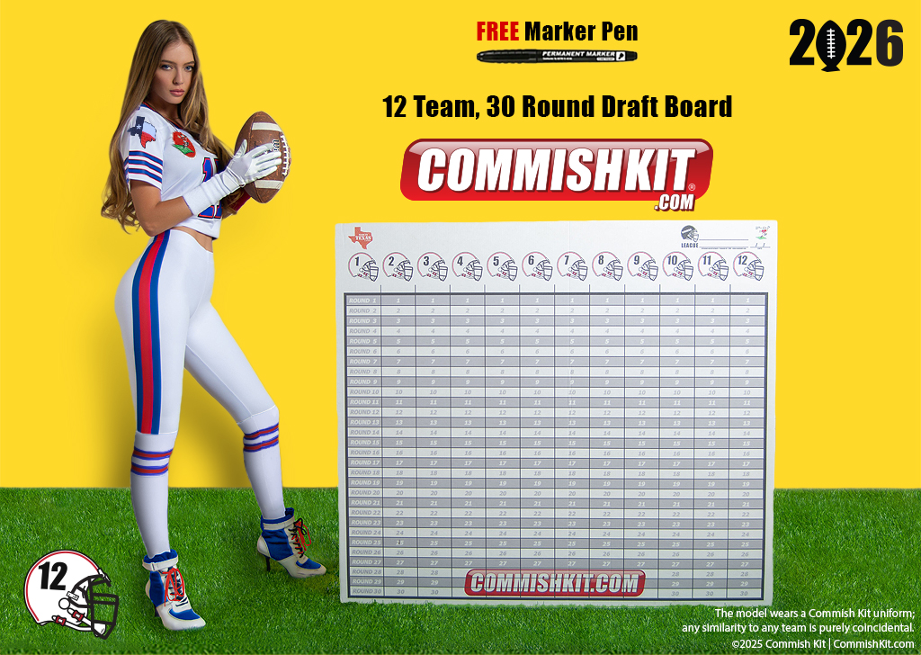 12 Team 30 Round Stand-Up Draft Board, w/ 387 Labels, 33 Blanks, Marker, Instructions & 2-Sliders, FREE SHIPPING