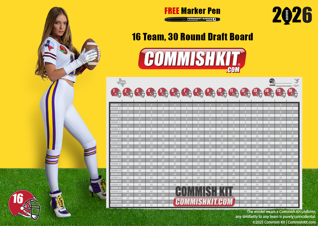 16 Team 30 Round Stand-Up Draft Board, w/ 387 Labels, 33 Blanks, Marker, Instructions & 3-Sliders, FREE SHIPPING