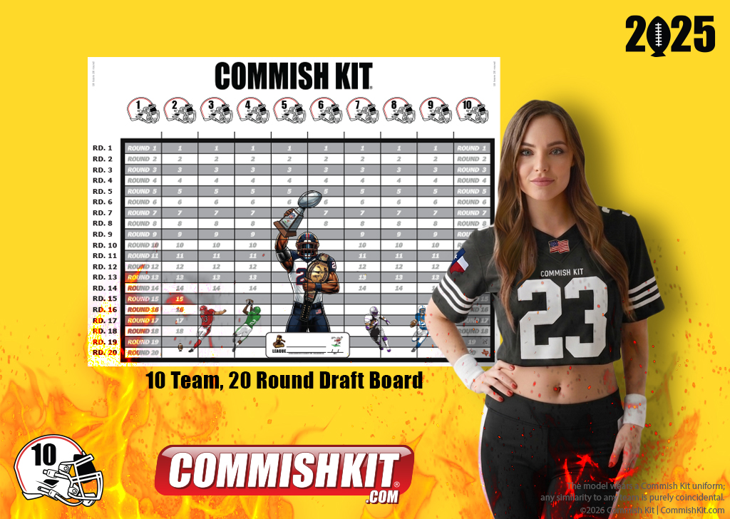 Fire Sale: 10 Team 20 Round Draft Board w/ 479 Labels, 61 Blanks, Marker & 2-Sided Tape, 15% OFF, FREE SHIPPING