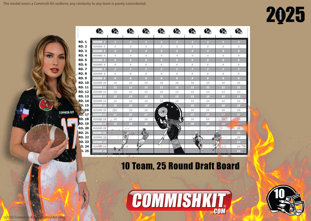 Fire Sale: 10 Team 25 Round Draft Board w/ 479 Labels, 61 Blanks, Marker & 2-Sided Tape, 15% OFF, FREE SHIPPING