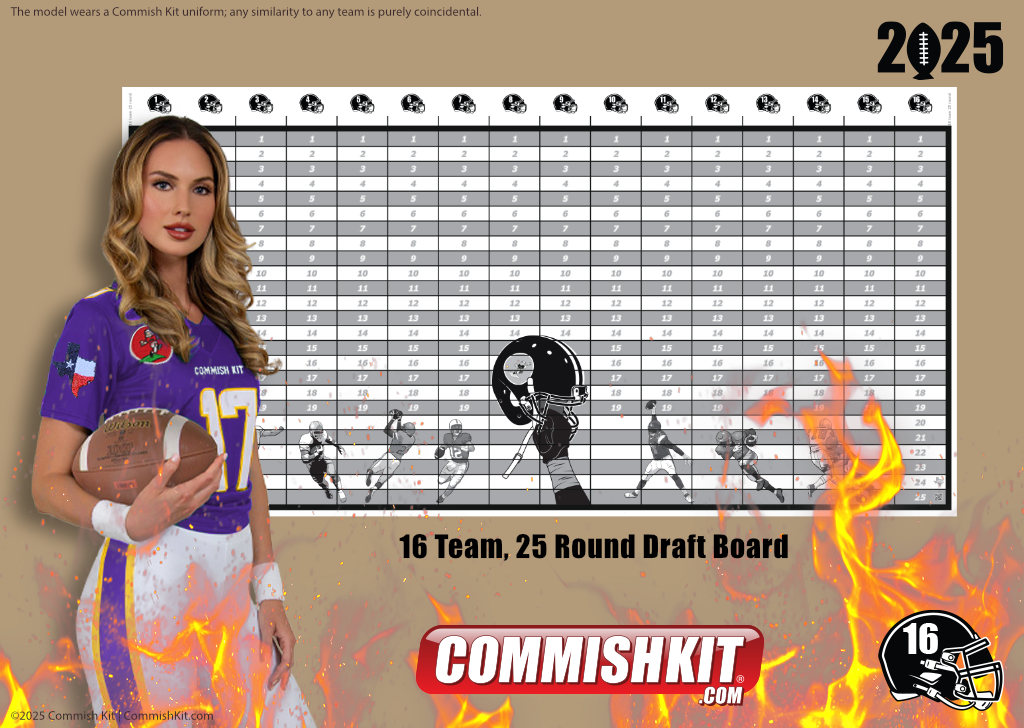 Fire Sale: 16 Team 25 Round Draft Board w/ 479 Labels, 61 Blanks, Marker & 2-Sided Tape, 15% OFF, FREE SHIPPING