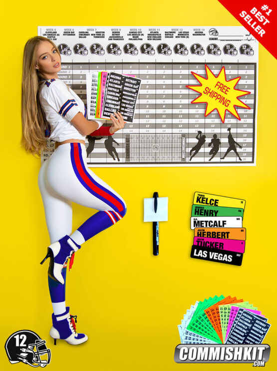 Brunette model showcasing an all-white football uniform in front of fantasy football draft board with top NFL players.